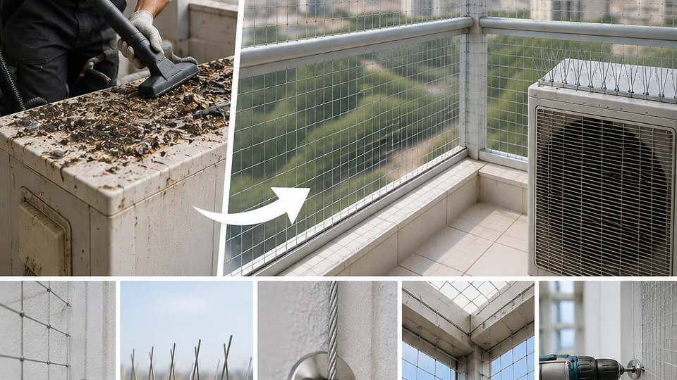 ניקוי מסתור יונים והתקנת רשת נגד יונים – רשת מתוחה עם כבל נירוסטה על ידי צוות קאלי
